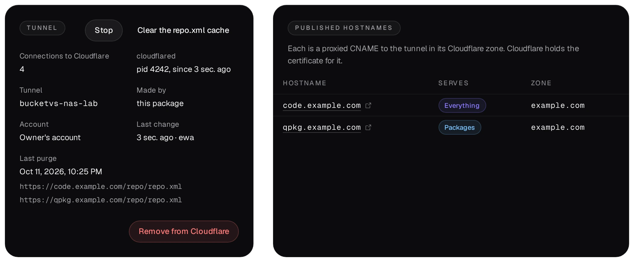 The Tunnel card: 4 connections to Cloudflare, cloudflared running, the tunnel bucketvs-nas-lab, and the published names code.example.com and qpkg.example.com