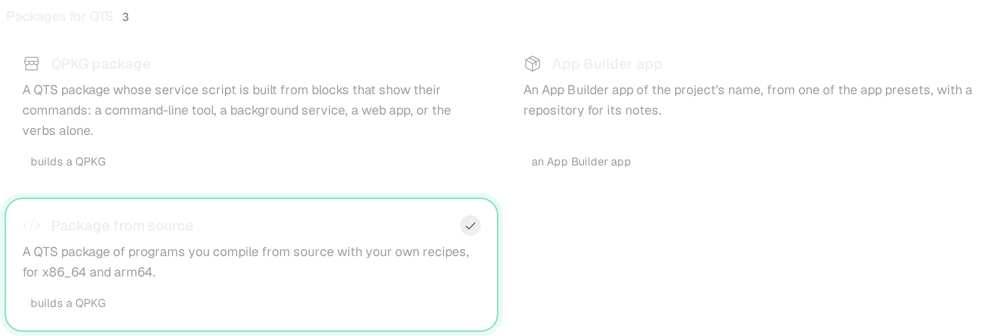 New project, its templates for QTS packages: Package from source chosen