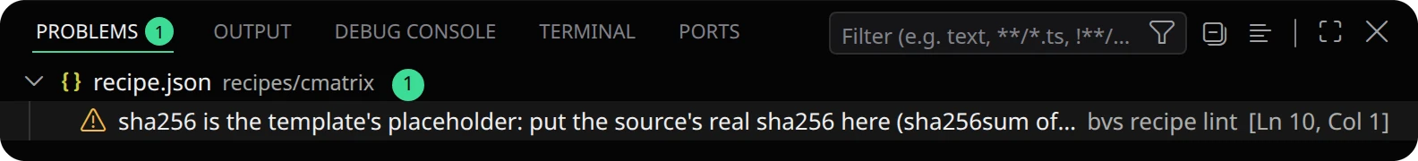 The Problems view: bvs recipe lint warns that sha256 is the template's placeholder, at line 10 of recipe.json