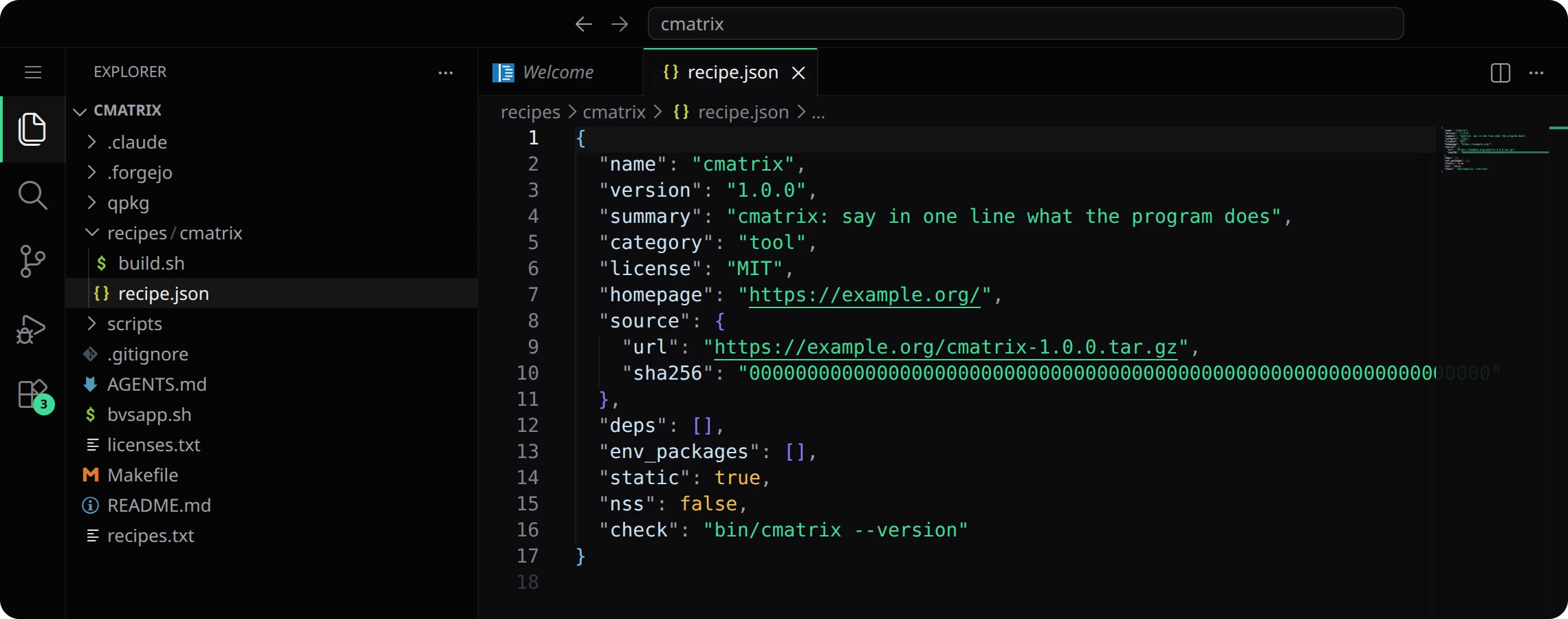 The editor on the project cmatrix: the starter recipe.json under recipes/cmatrix, with the placeholder address and a sha256 of zeros