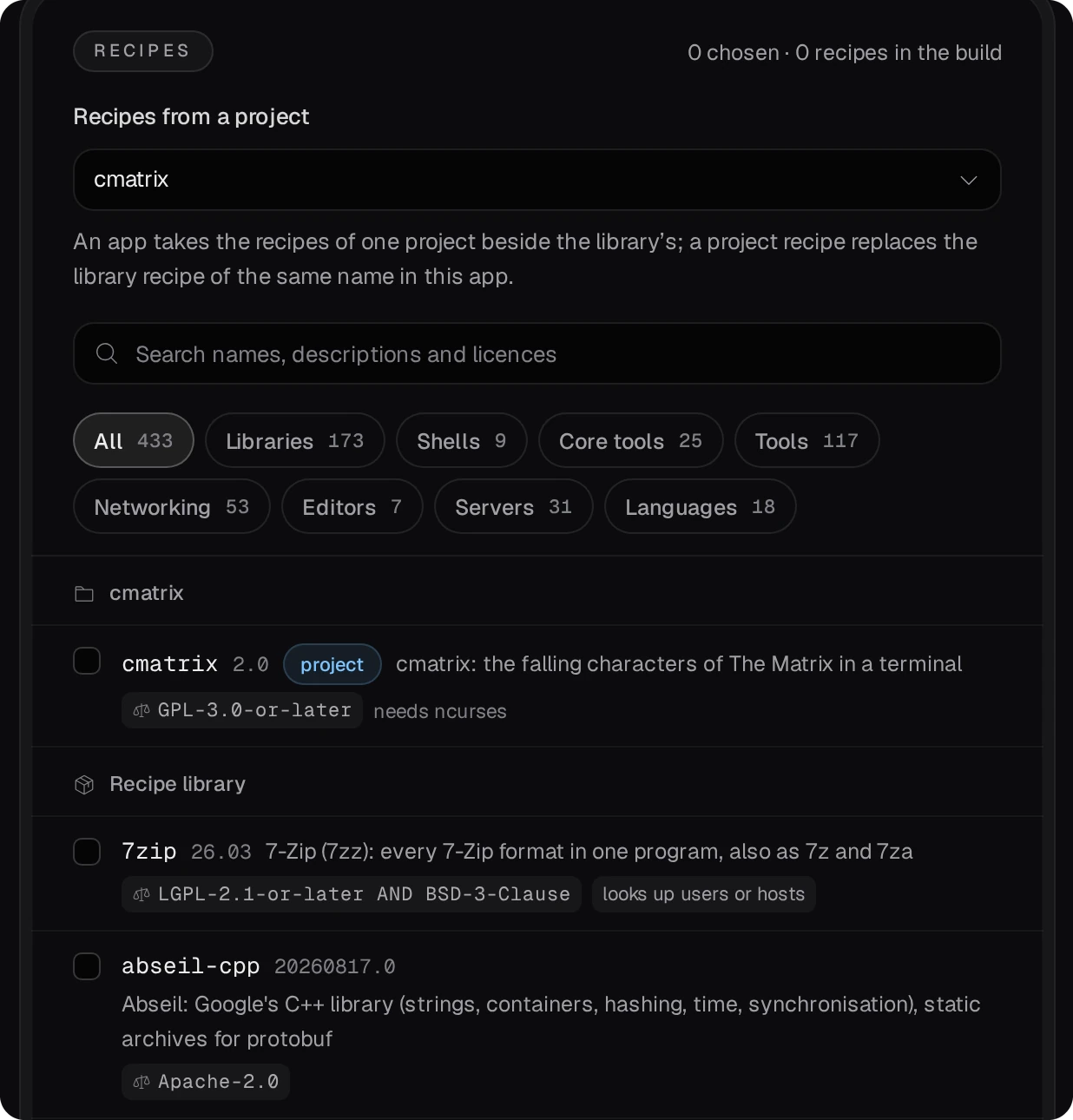 New app, Recipes: Recipes from a project set to cmatrix; cmatrix 2.0 marked project above the Recipe library