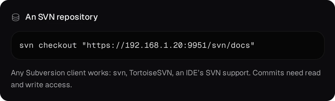 An SVN repository: svn checkout "https://192.168.1.20:9951/svn/docs"