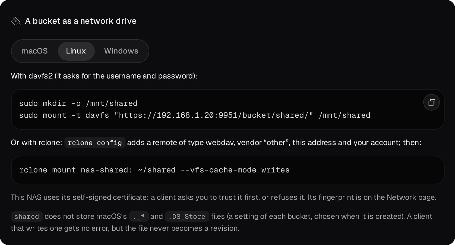 A bucket as a network drive, Linux: sudo mount -t davfs with the bucket's address, or rclone mount nas-shared: ~/shared --vfs-cache-mode writes