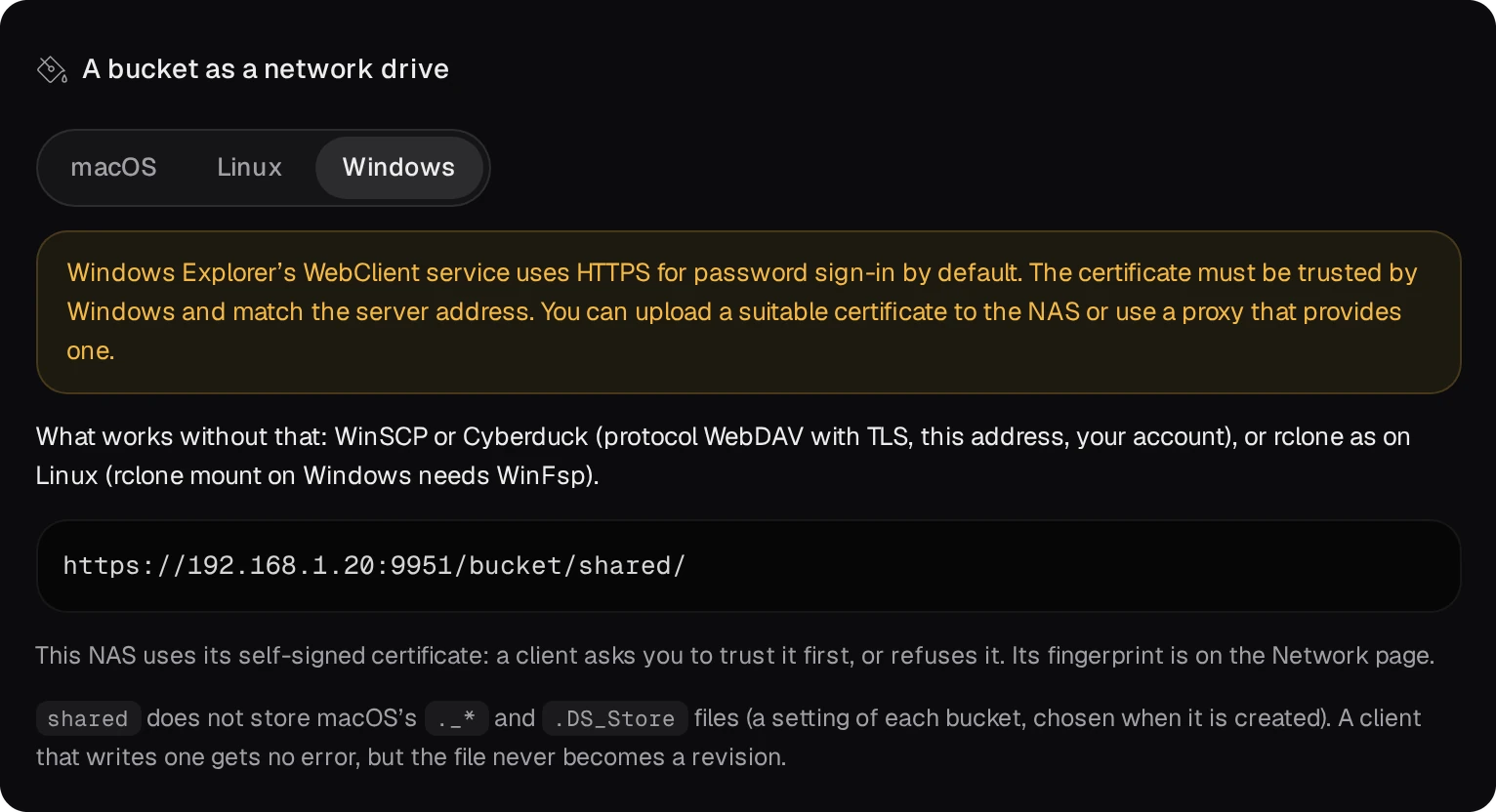 A bucket as a network drive, Windows: the note about Explorer and a trusted certificate, WinSCP or Cyberduck or rclone, and the bucket's address