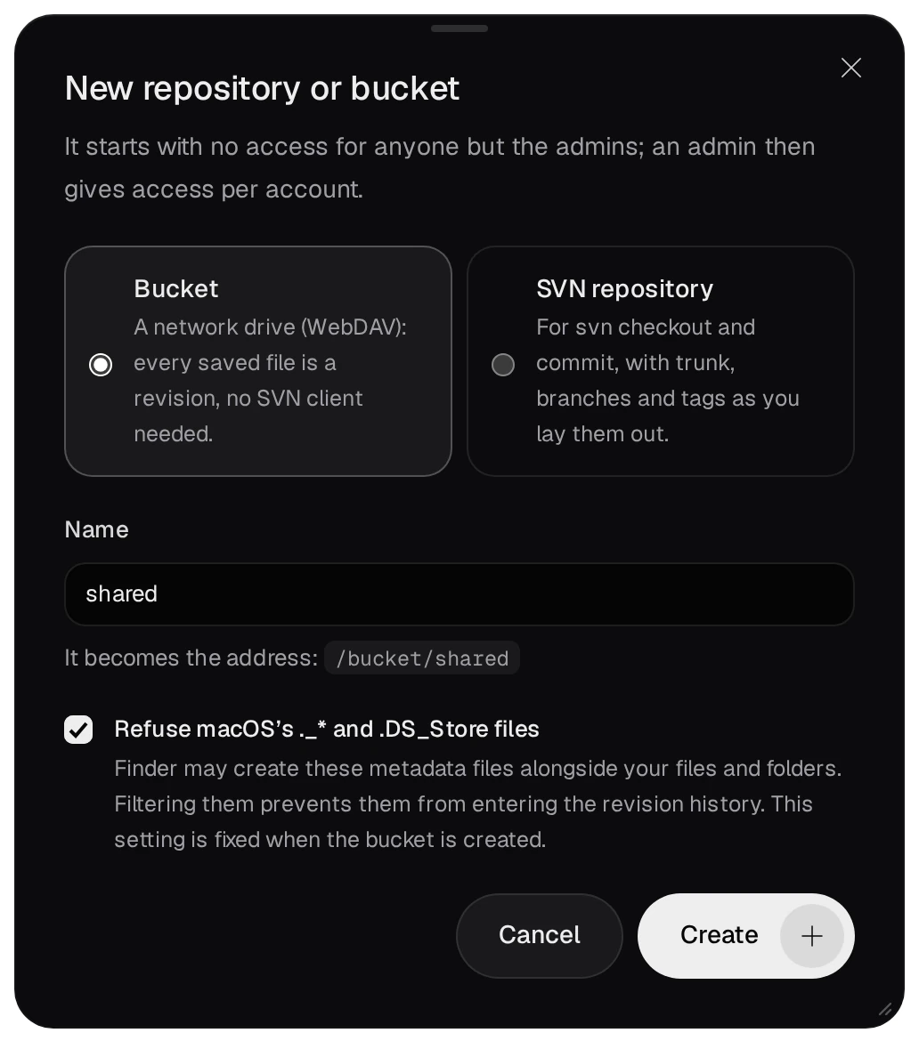 New repository or bucket: Bucket chosen, Name shared, the address /bucket/shared, Refuse macOS’s ._* and .DS_Store files ticked