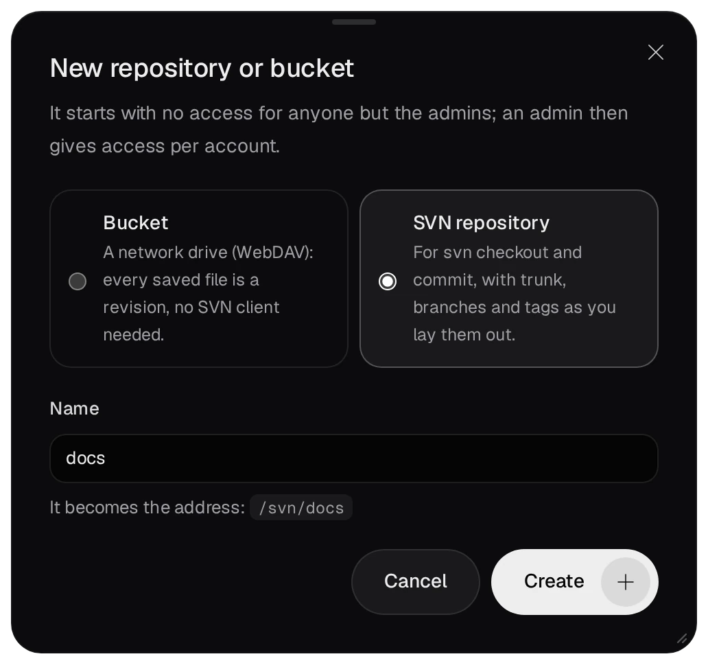 New repository or bucket: SVN repository chosen, Name docs, the address /svn/docs, and the Create button