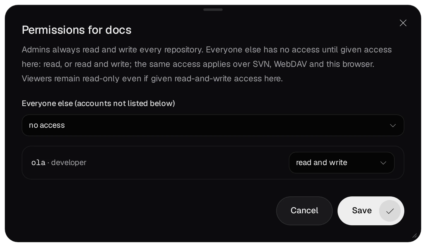 Permissions for docs: Everyone else no access, the developer ola given read and write, and the Save button