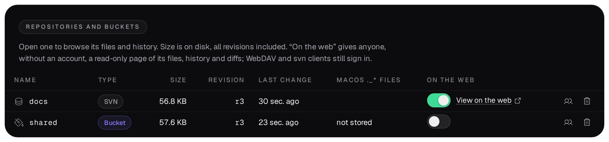 Repositories and buckets: docs, SVN, r3, On the web turned on with View on the web; shared, Bucket, r3, macOS ._* files not stored, On the web off