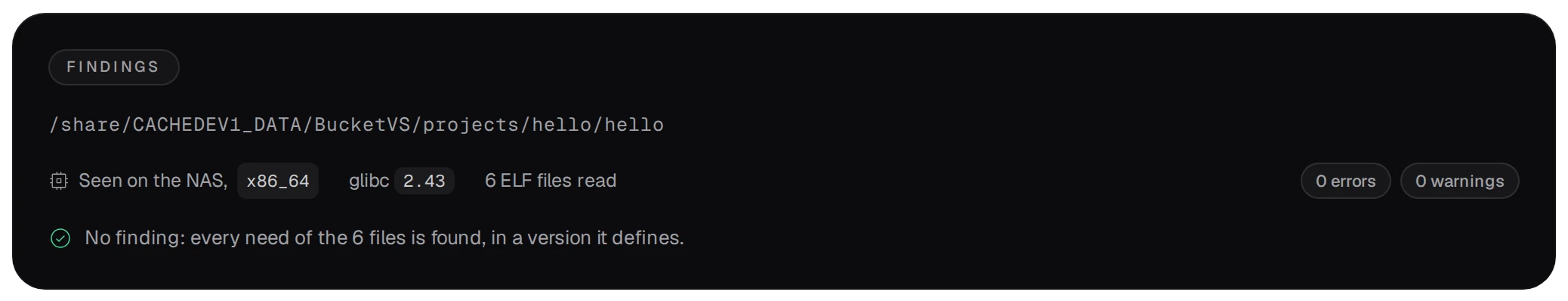 Findings: seen on the NAS, x86_64, glibc 2.43, 6 ELF files read, 0 errors, 0 warnings; No finding: every need of the 6 files is found, in a version it defines