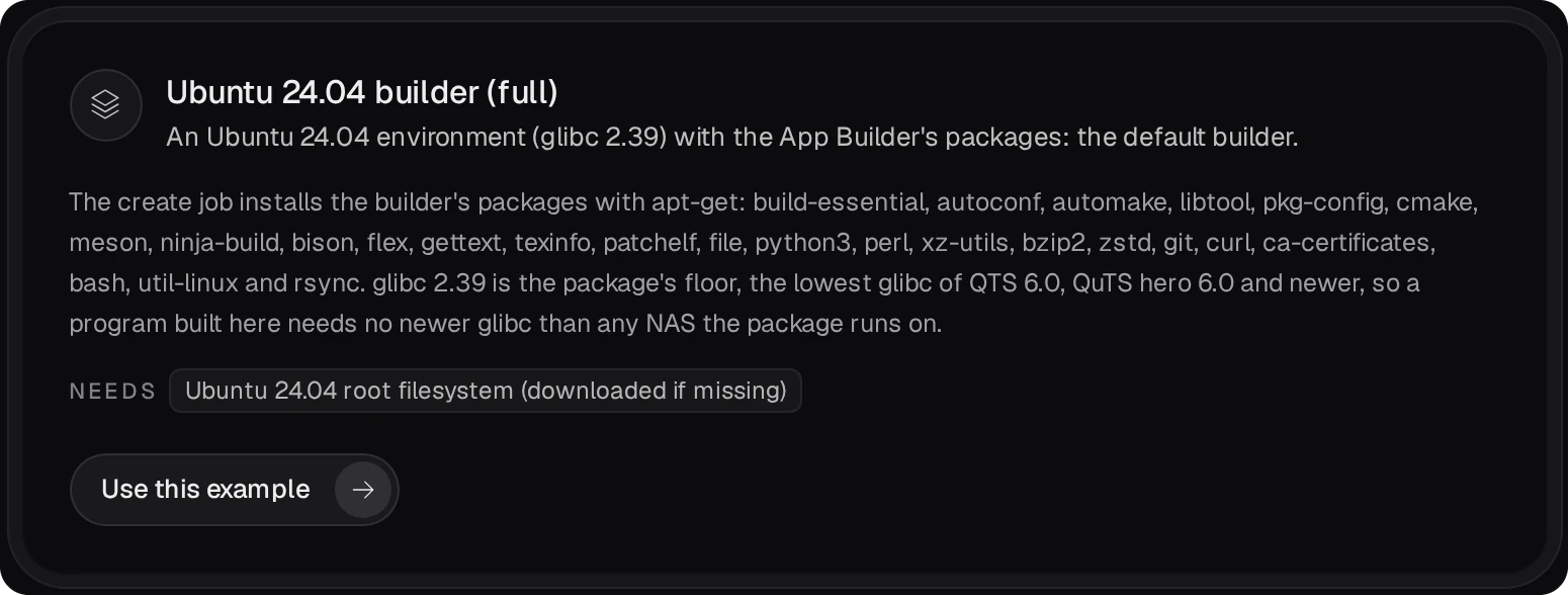 The Examples card Ubuntu 24.04 builder (full): the packages its create job installs, the root filesystem it needs, and Use this example