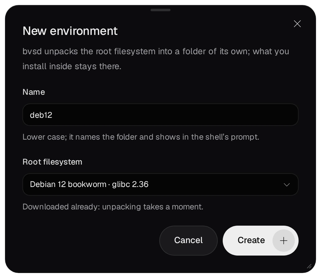 The New environment dialog: Name deb12, Root filesystem Debian 12 bookworm, glibc 2.36, and the Create button