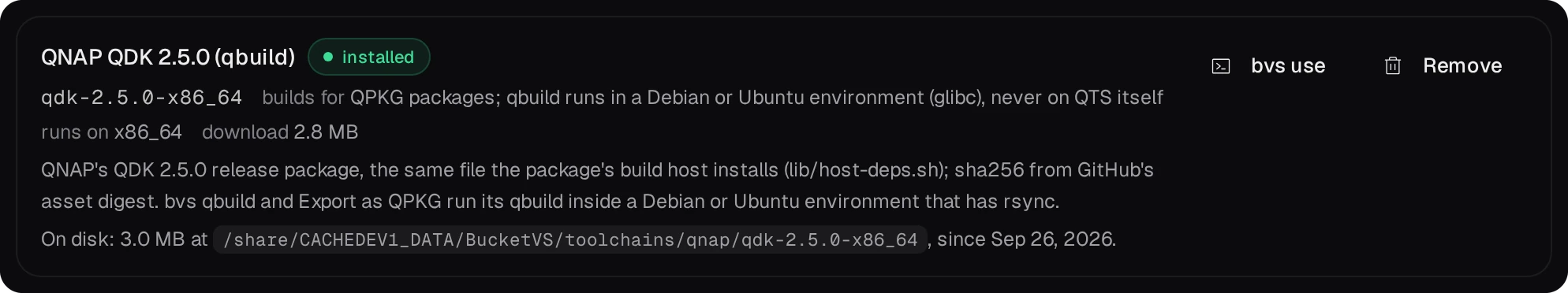 The QNAP tab: QNAP QDK 2.5.0 (qbuild) installed