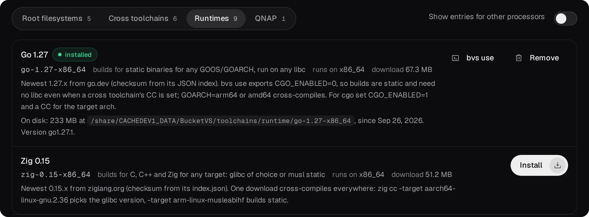 The Runtimes tab: Go 1.27 installed, with bvs use and Remove; Zig 0.15 with its Install button