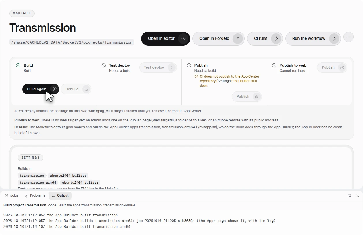 The Project view after the build: Build done, and the Output panel with the lines the App Builder built transmission and the App Builder built transmission-arm64