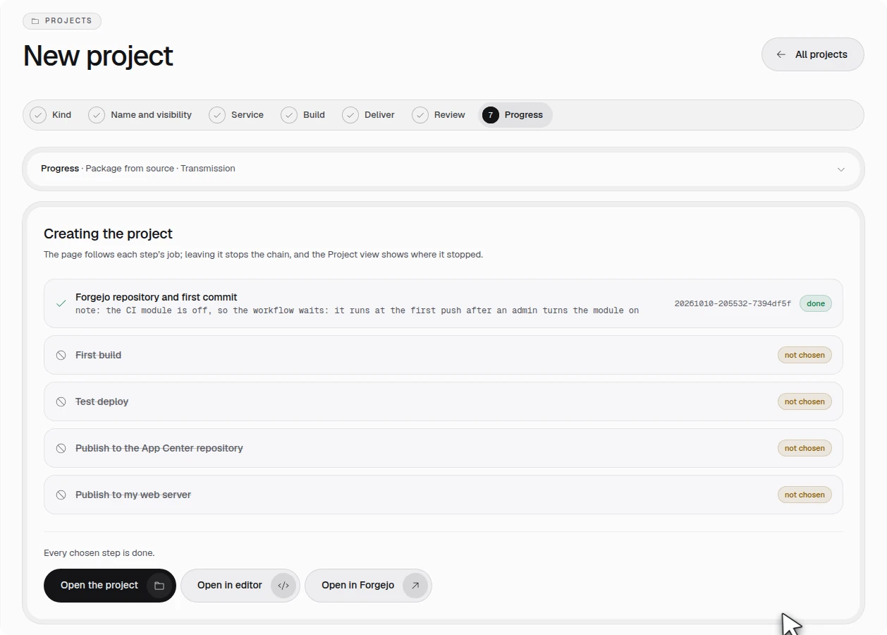 New project, the Progress step: Package from source, Transmission; the Forgejo repository and first commit done; Open the project, Open in editor and Open in Forgejo