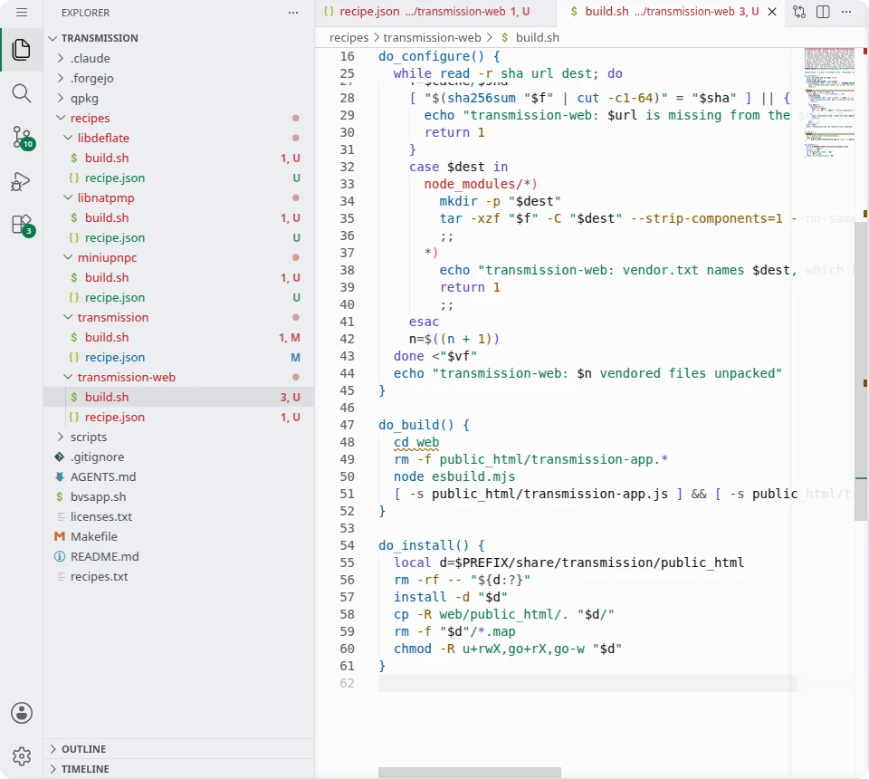 The editor: the project's recipes folder with libdeflate, libnatpmp, miniupnpc, transmission and transmission-web, and the build.sh of transmission-web open