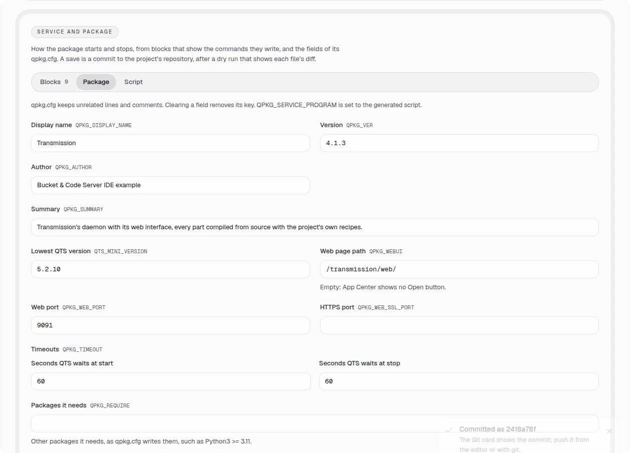 The Service and package card, Package tab: display name Transmission, version 4.1.3, web page path /transmission/web/, web port 9091, 60 seconds at start and at stop