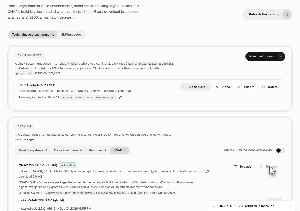 Toolchains: the environment ubuntu2404-builder, and in the catalog QNAP QDK 2.5.0 (qbuild) marked installed