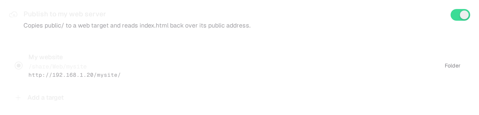 Publish to my web server turned on: copies public/ to a web target and reads index.html back over its public address; the target My website chosen