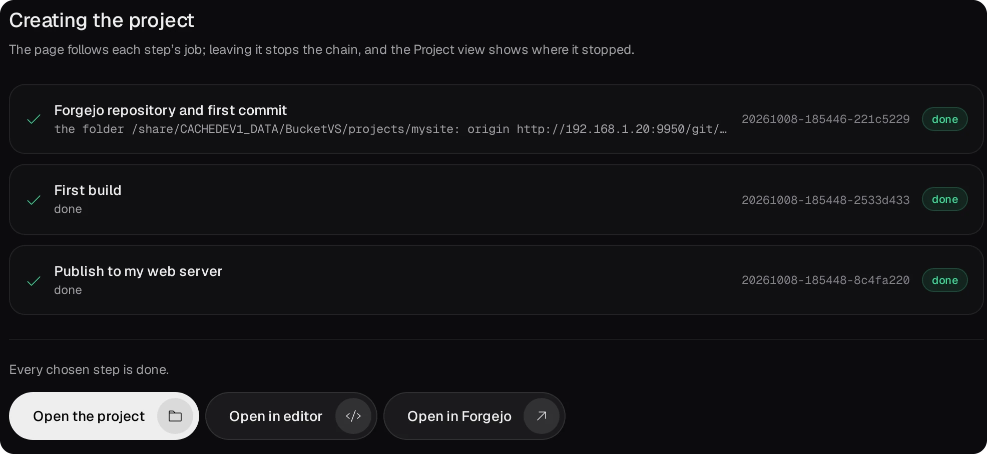 Creating the project: Forgejo repository and first commit, First build, and Publish to my web server, each done