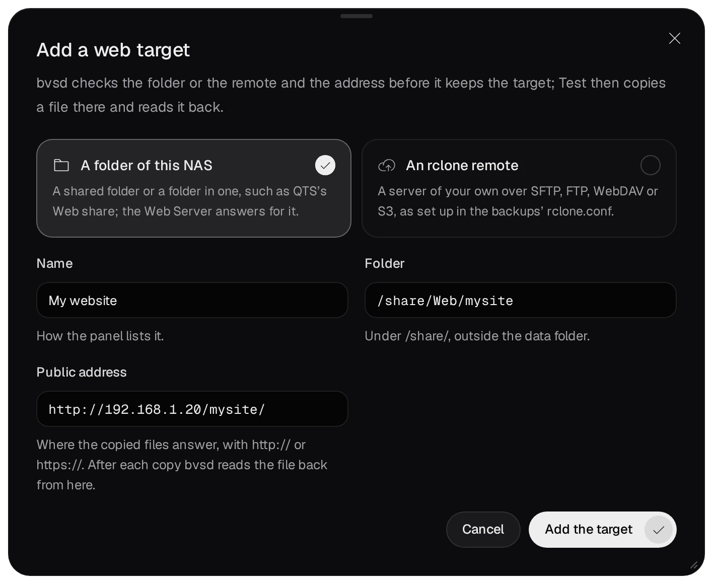Add a web target: A folder of this NAS chosen, Name My website, Folder /share/Web/mysite, Public address http://192.168.1.20/mysite/, and the Add the target button