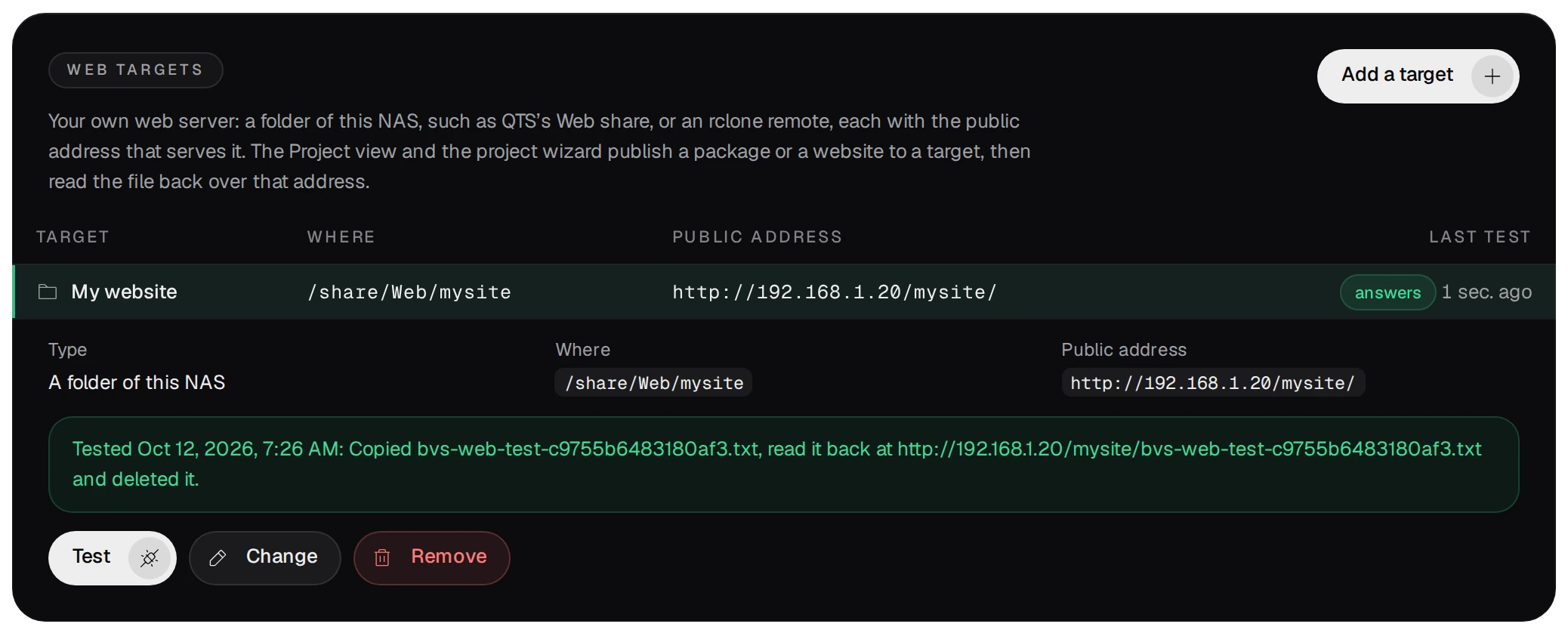 The Web targets card: My website, /share/Web/mysite, http://192.168.1.20/mysite/, last test answers; the test copied a file, read it back at the public address and deleted it