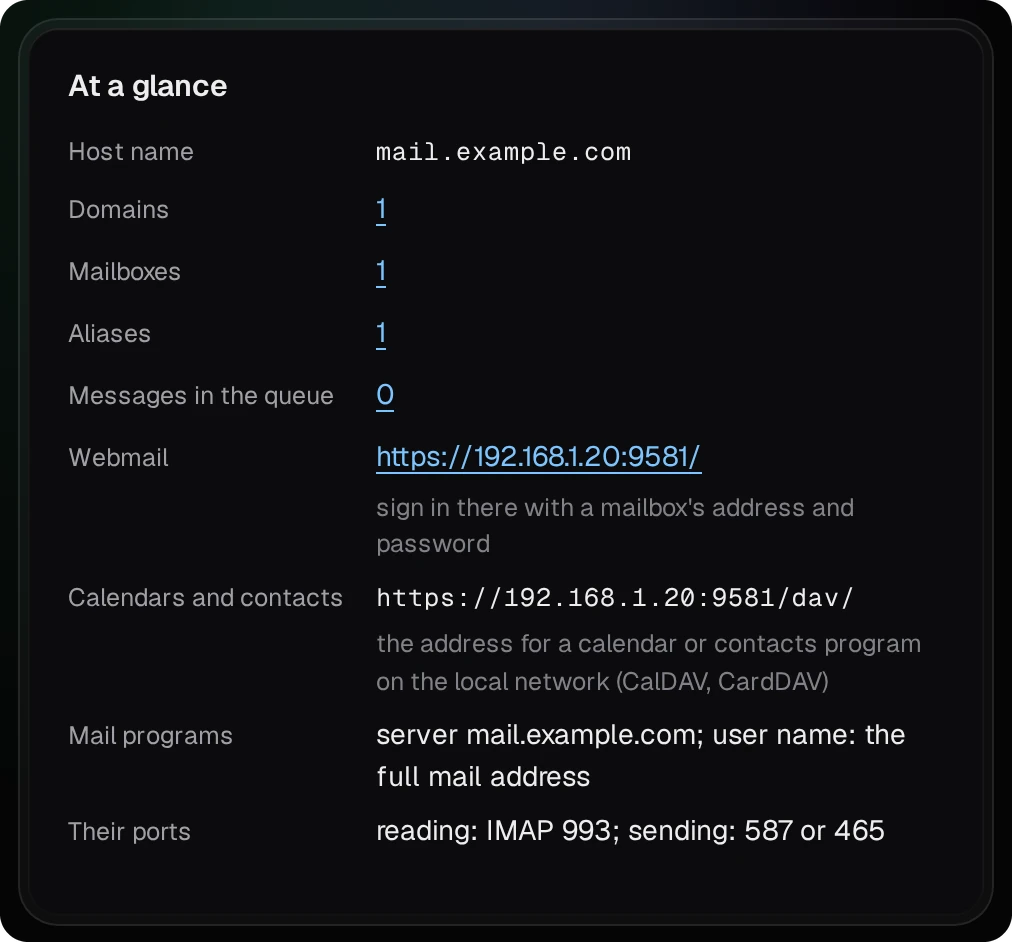 MailServerPro's At a glance: Host name mail.example.com, the webmail address and the settings for mail programs