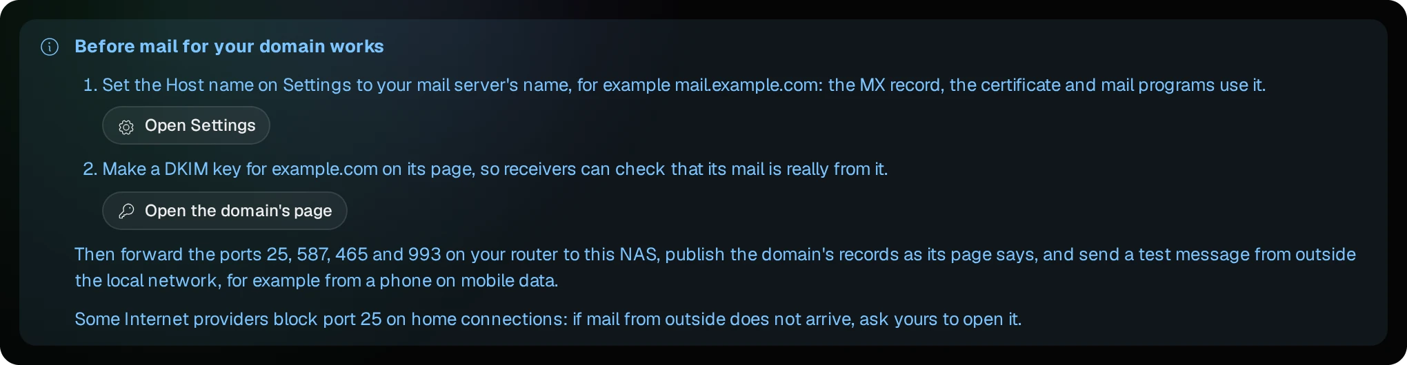 MailServerPro's Overview: under Before mail for your domain works, the Host name and the DKIM key for example.com, each with its button, then the ports to forward and the note on port 25