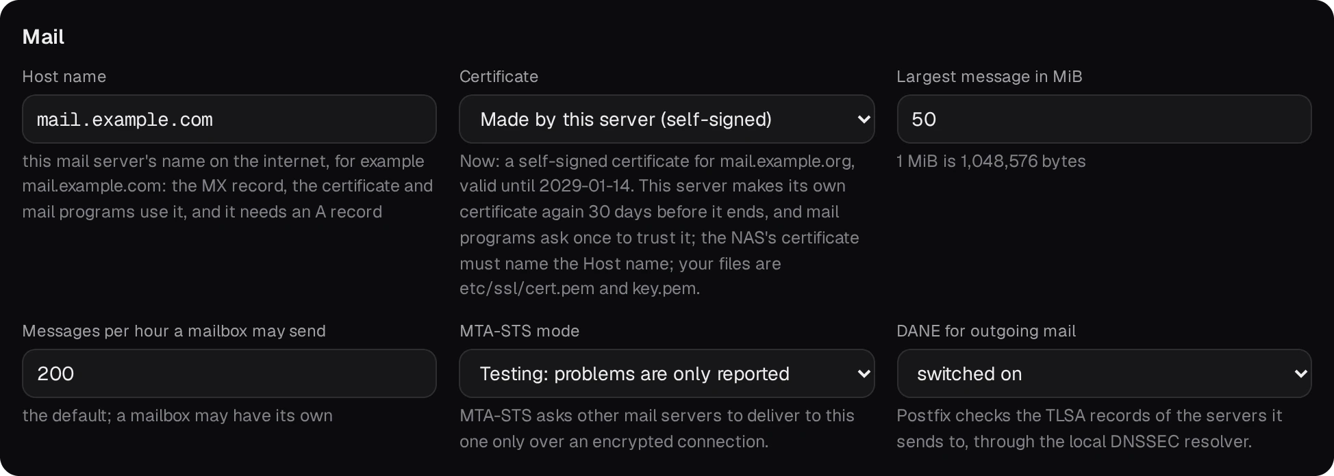 MailServerPro's Settings, the Mail section: Host name mail.example.com typed in, beside the Certificate made by this server and the largest message