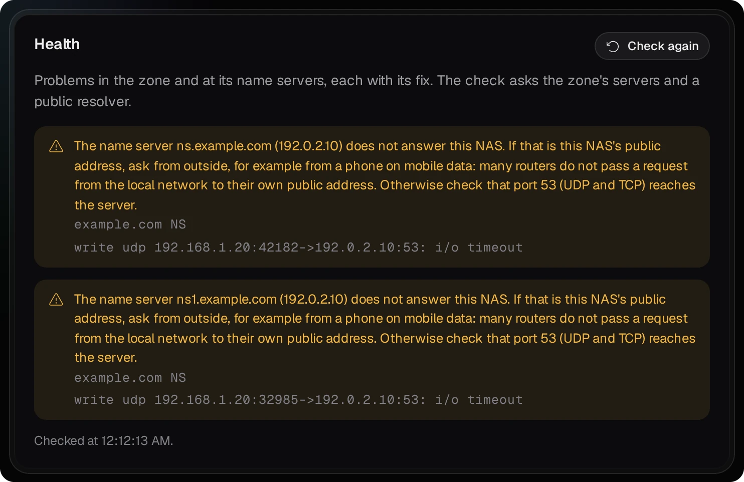 TurboDNS's Health tab of example.com on the test NAS: ns.example.com and ns1.example.com do not answer the NAS itself, each finding with its likely cause and fix