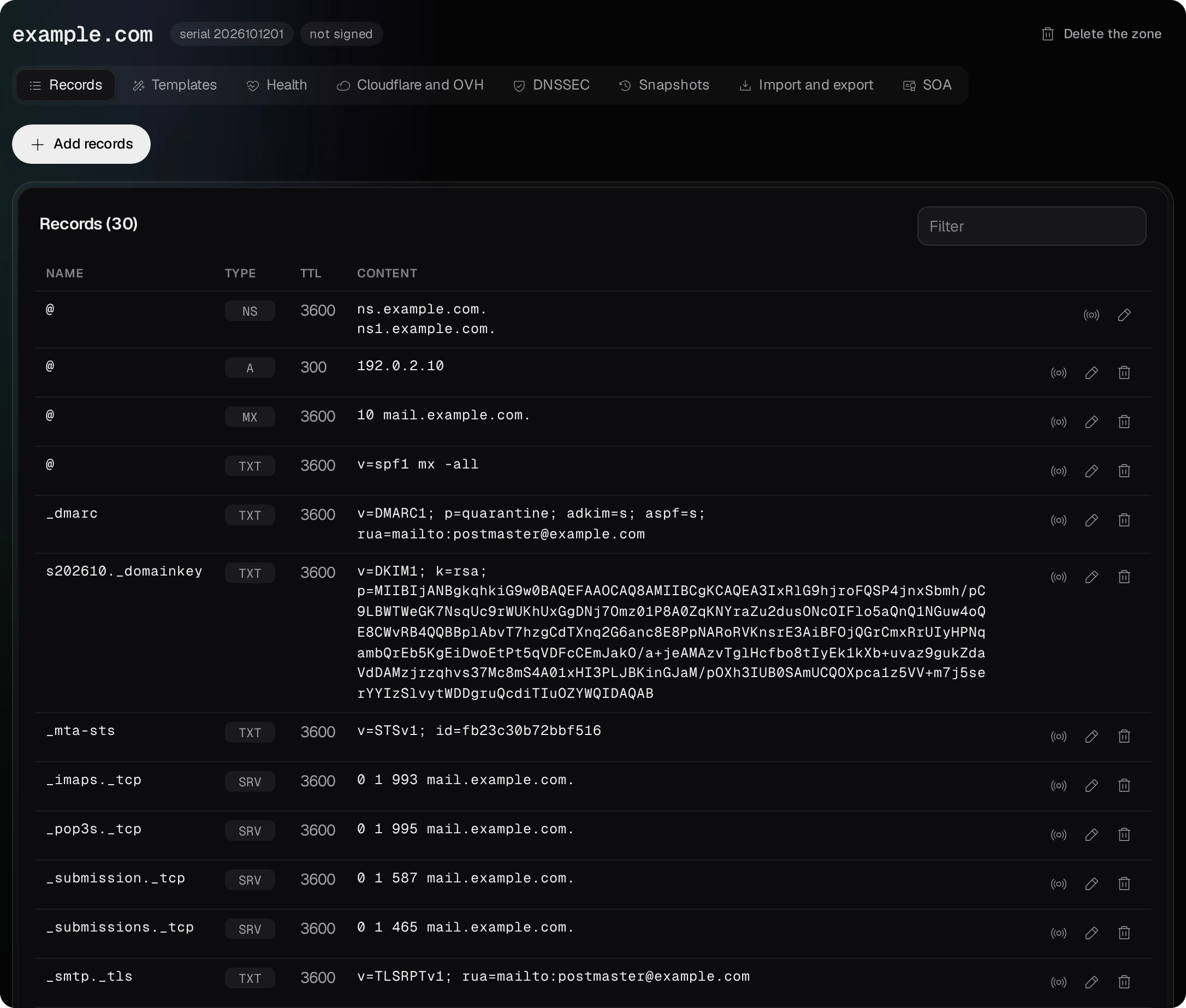 TurboDNS's Records tab of example.com: the name servers, the address 192.0.2.10, MX, SPF, DMARC, MailServerPro's DKIM, MTA-STS and TLS-RPT records, and the mail SRV records