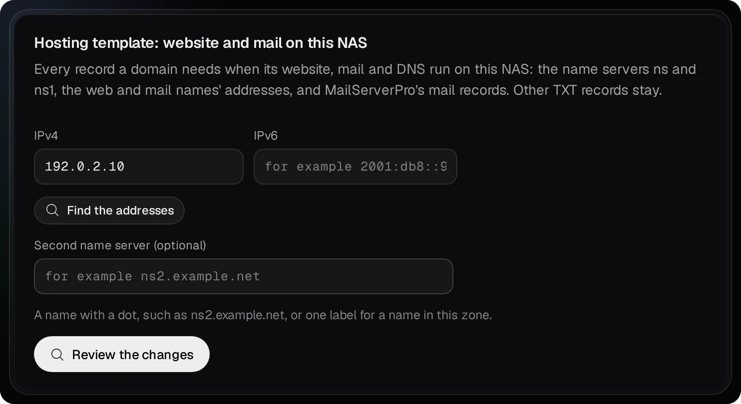 TurboDNS's Templates tab: the card Hosting template: website and mail on this NAS, with the IPv4 address 192.0.2.10, the second name server and Review the changes
