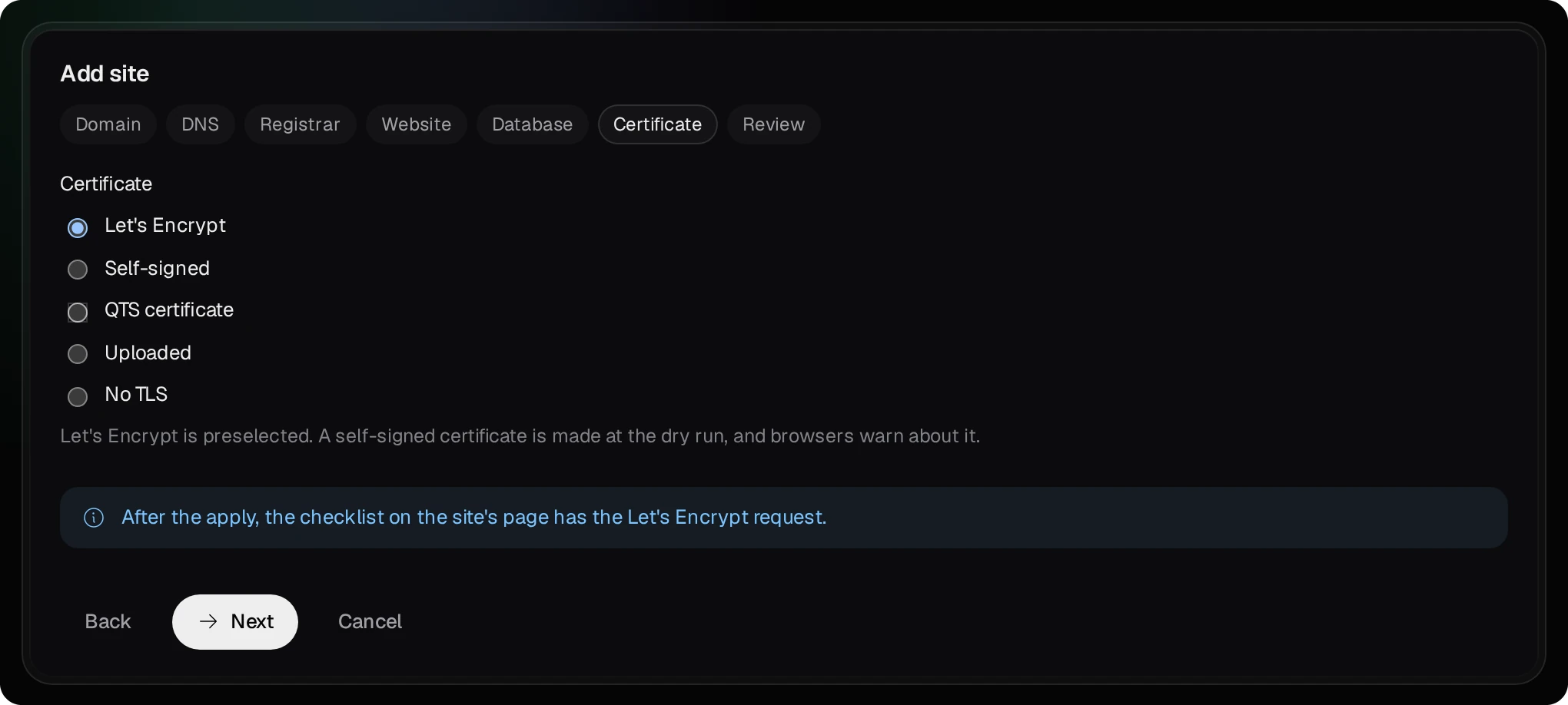 The Certificate step: Let's Encrypt chosen, with the note that the site's checklist asks for it after the apply