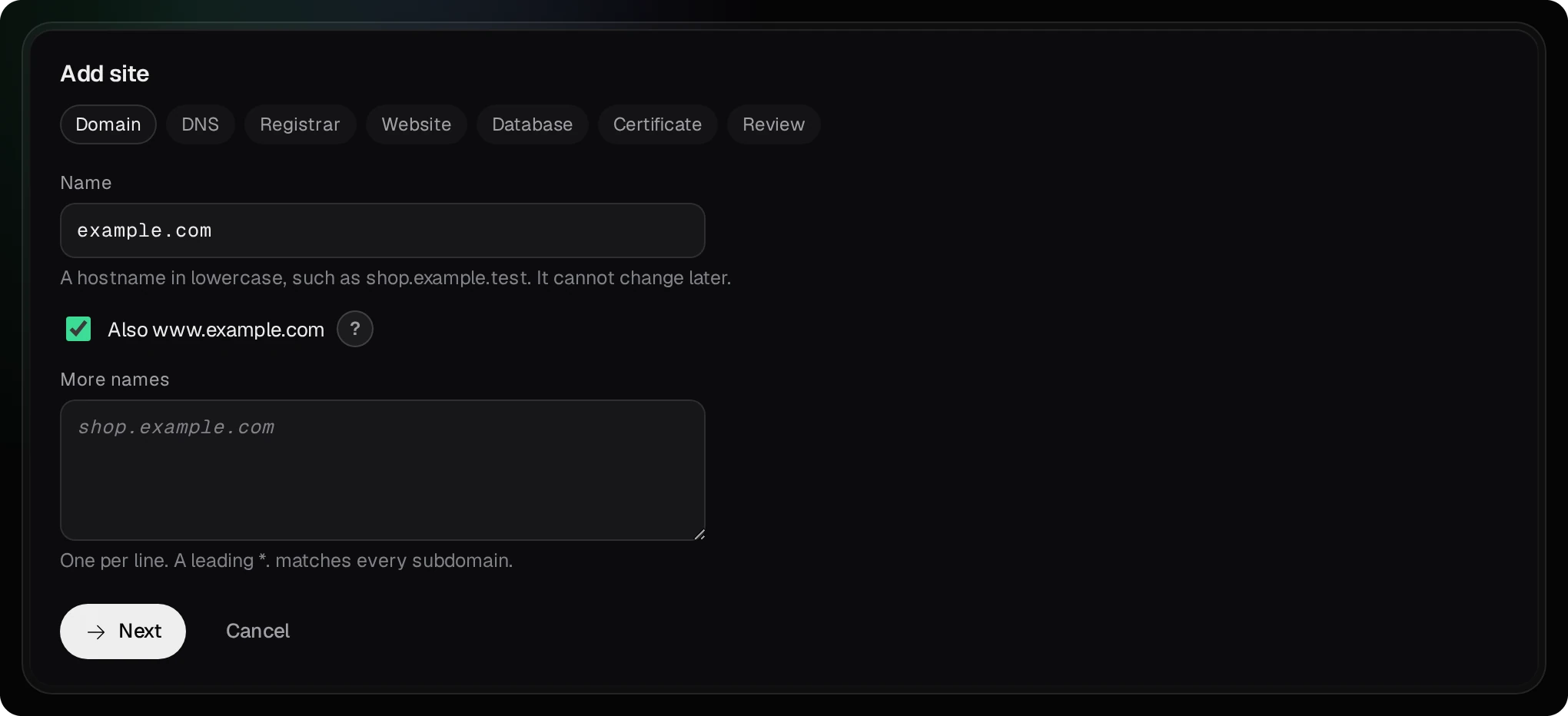 Add site, the Domain step: Name example.com, Also www.example.com ticked, More names empty