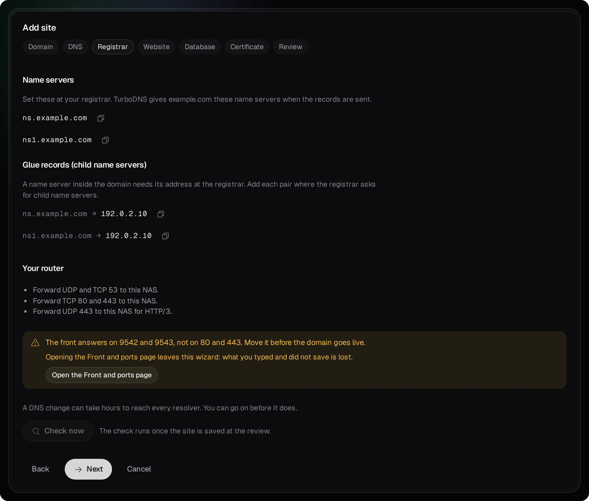 The Registrar step: the name servers ns.example.com and ns1.example.com and their glue records with 192.0.2.10, each with a copy button, then the router's forwards