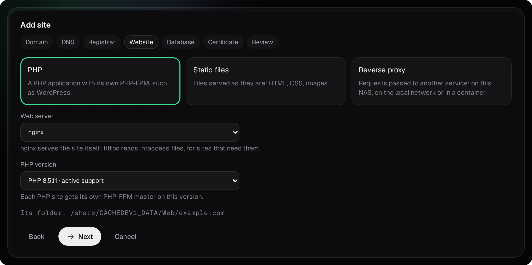The Website step: PHP chosen, the web server nginx and the PHP version