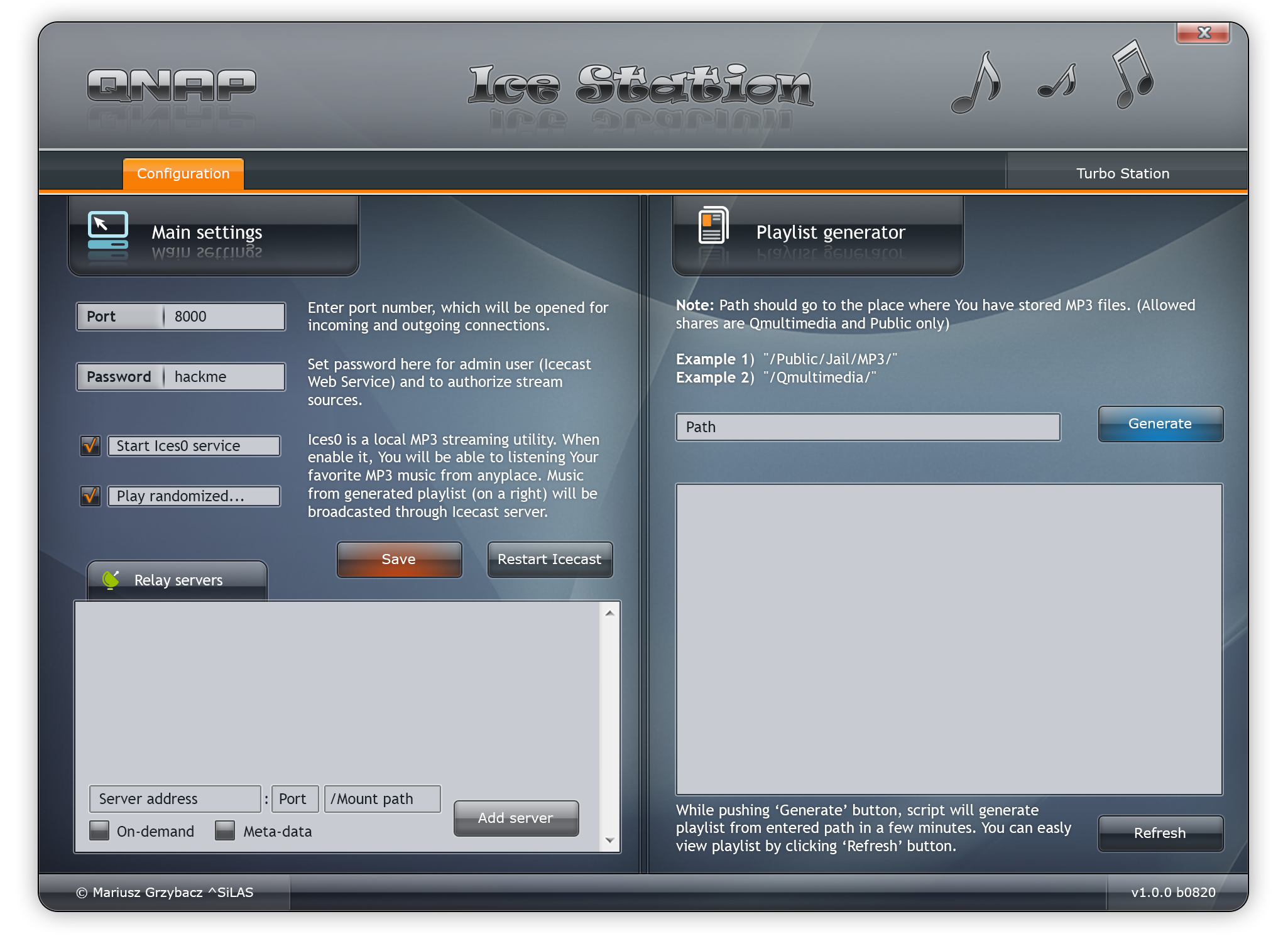 IceStation, the Icecast settings window