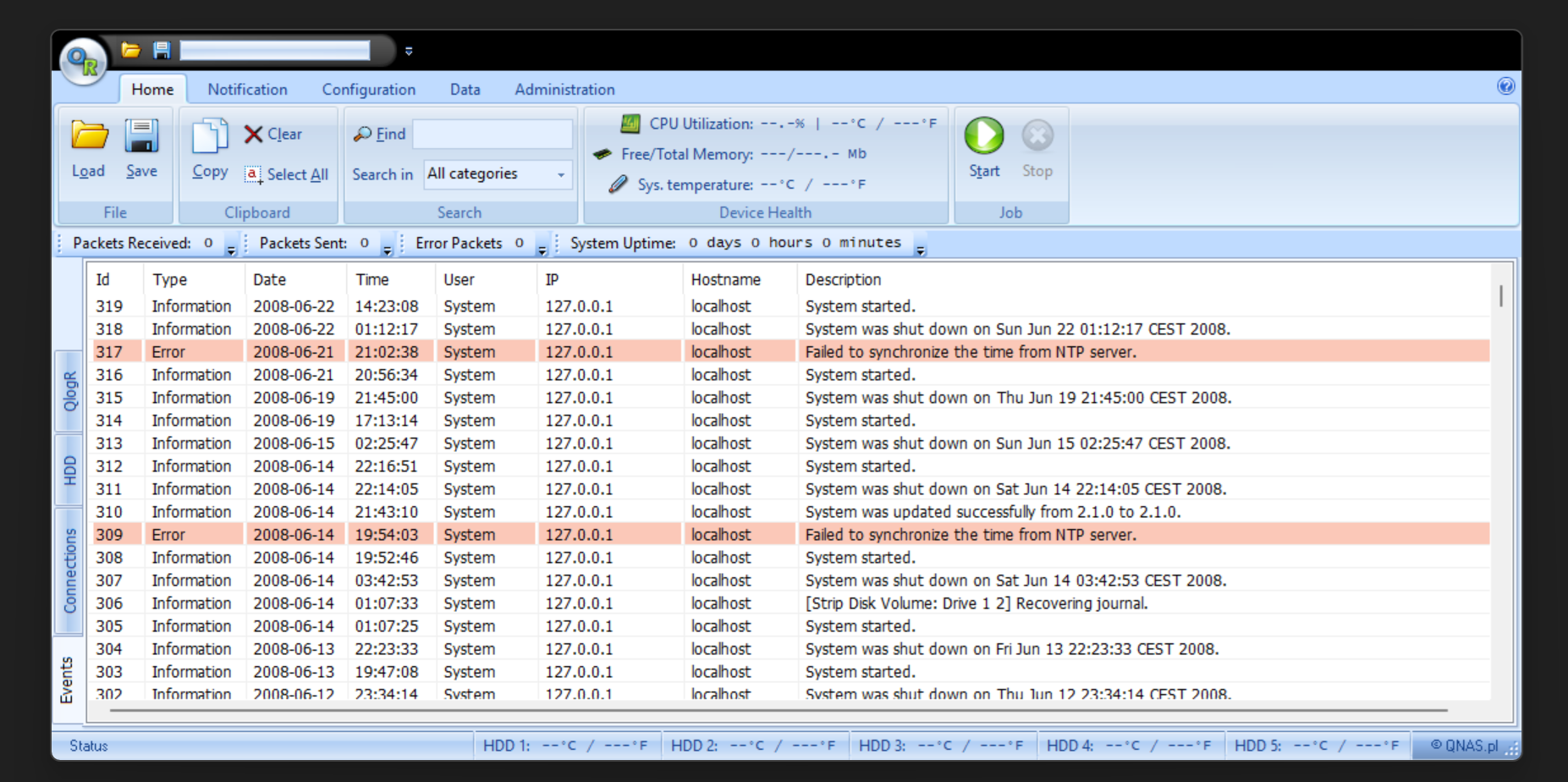 QlogR program window with its event log