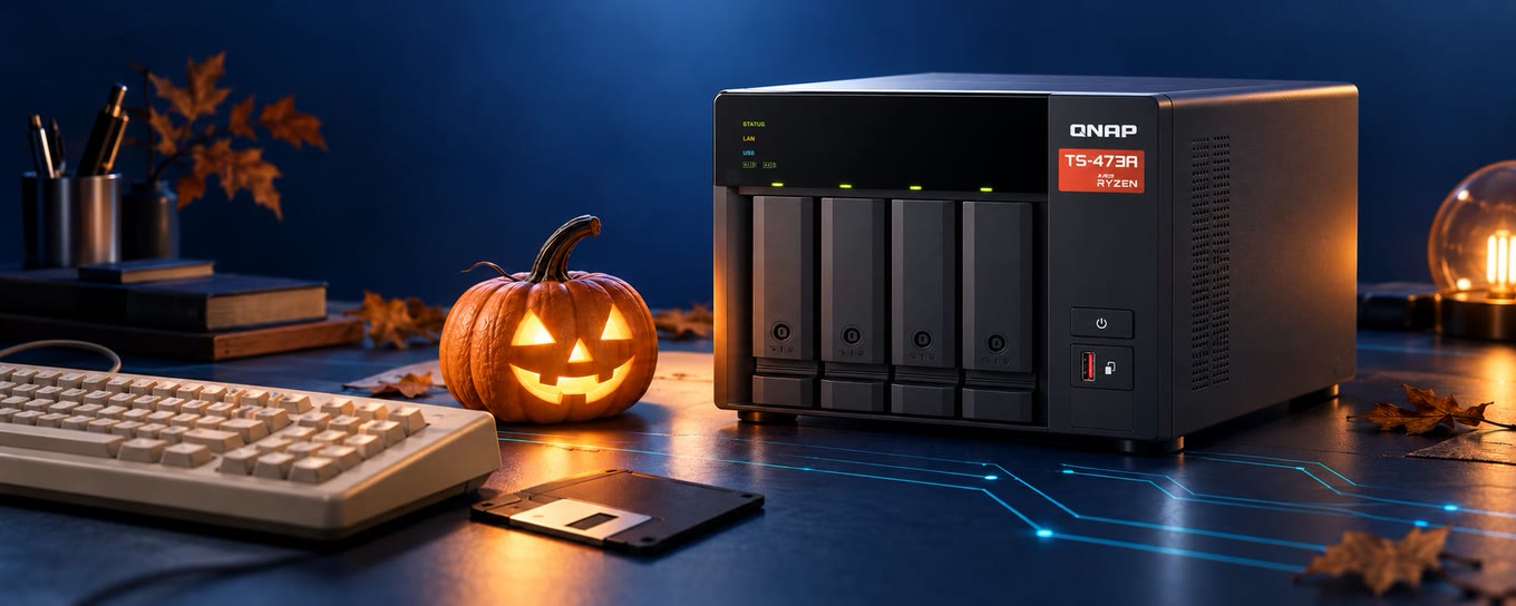 A QNAP TS-473A on a desk beside a glowing pumpkin, a classic keyboard and a floppy disk.