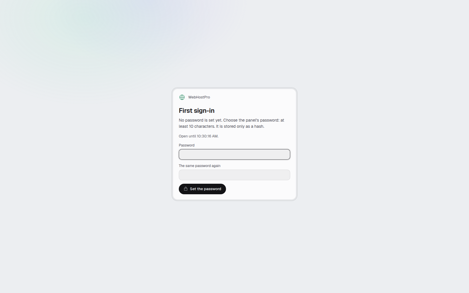 Setting the password at WebHostPro's first sign-in