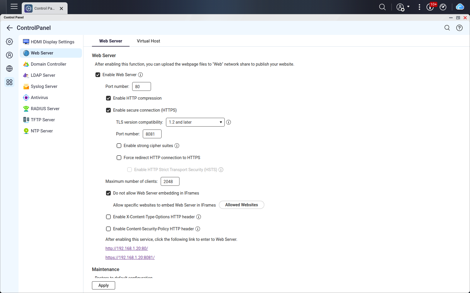QTS Web Server enabled in Control Panel