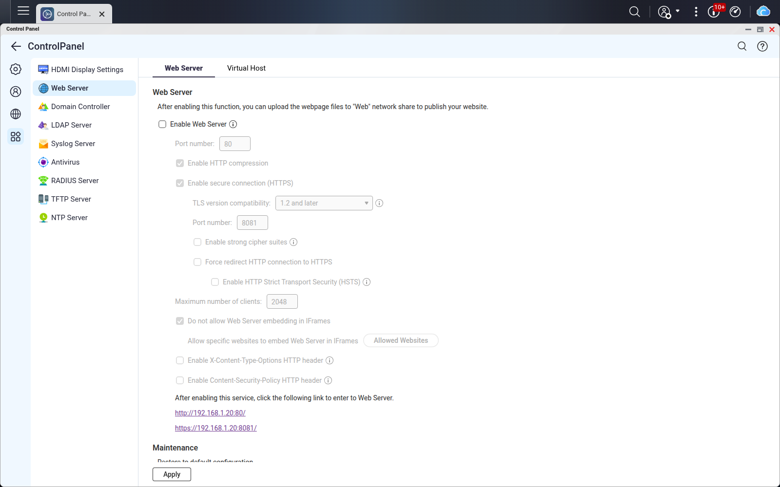 Enable Web Server cleared in QTS