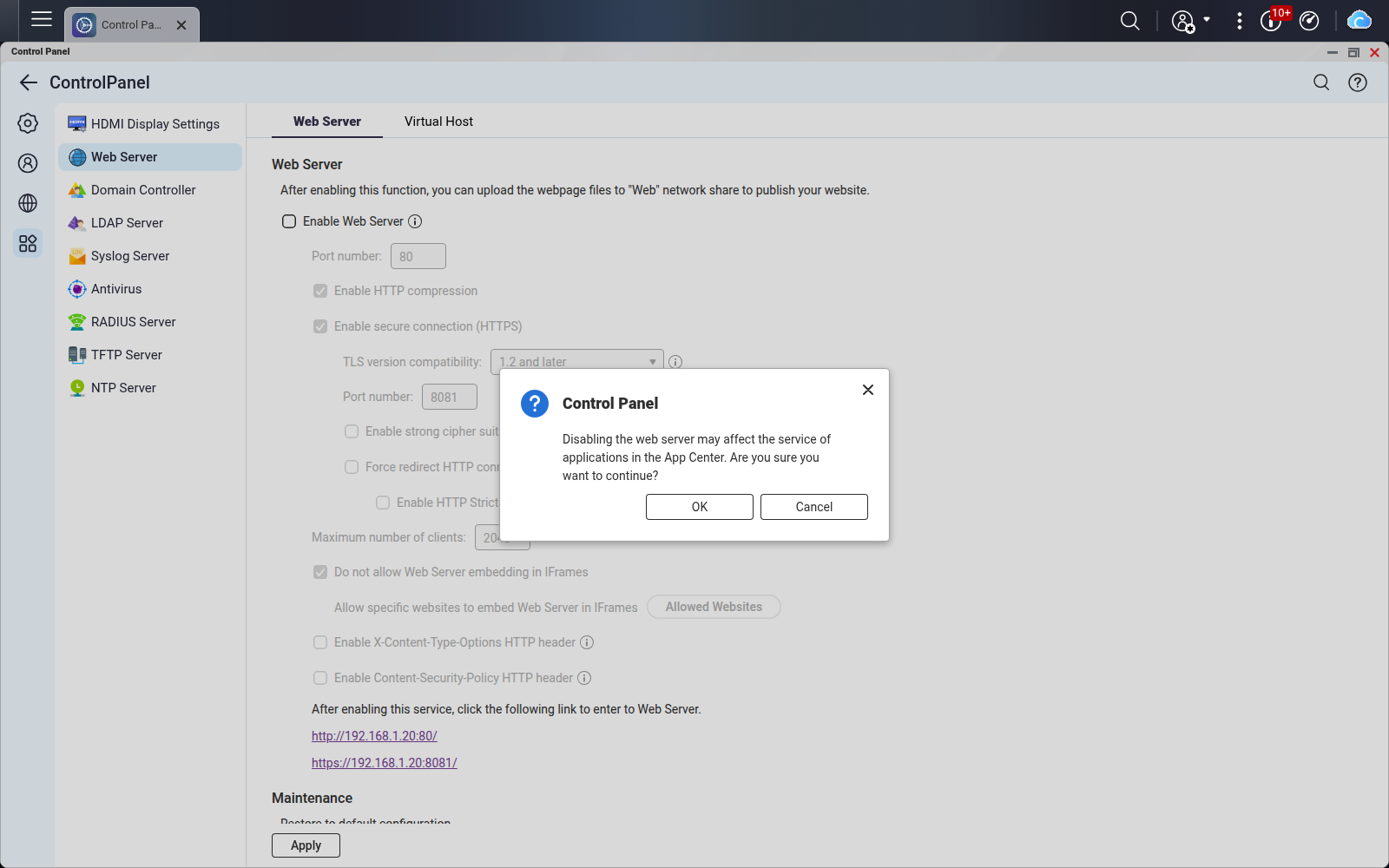 QTS warning before disabling its Web Server