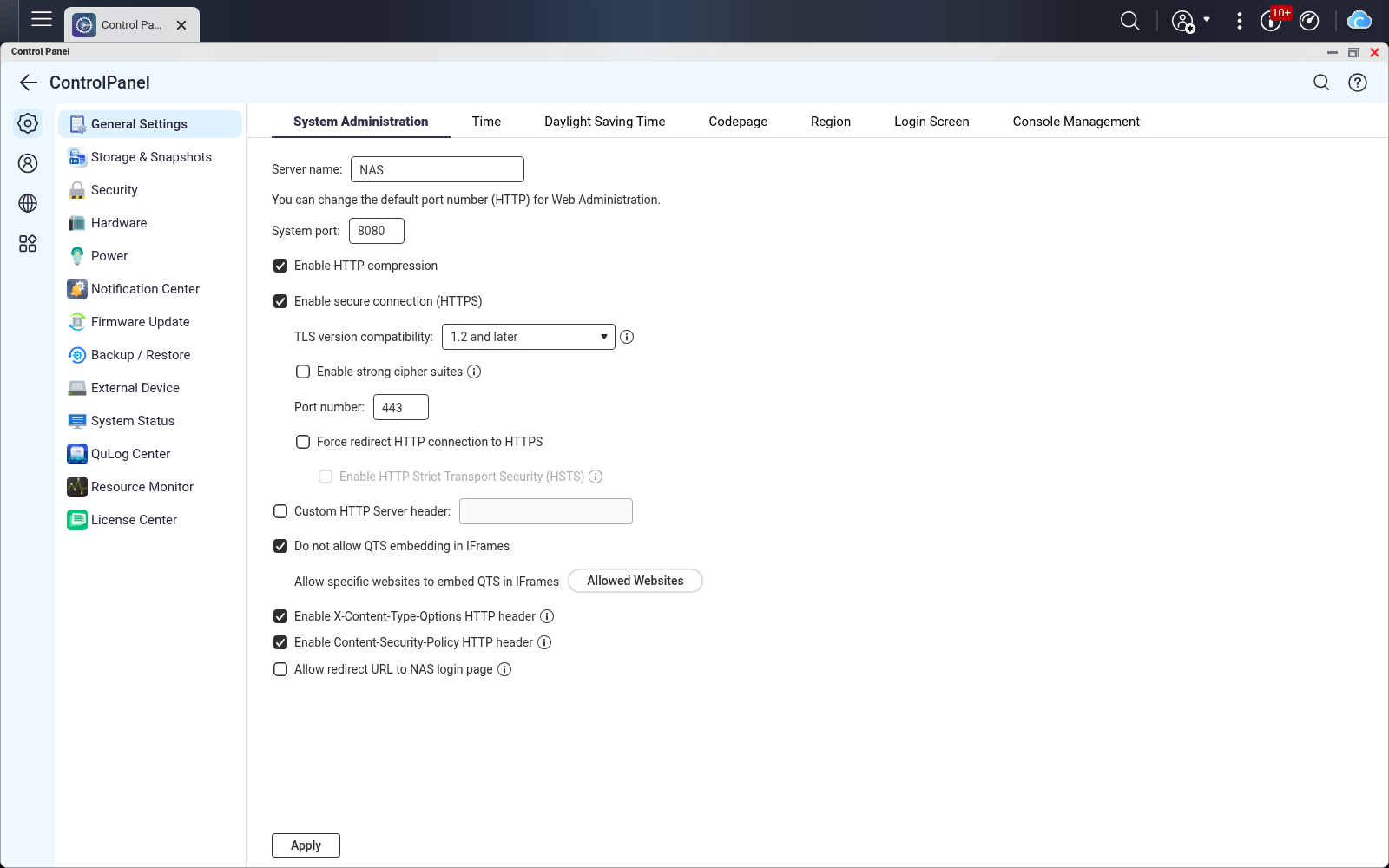 QTS administration settings with HTTPS on port 443