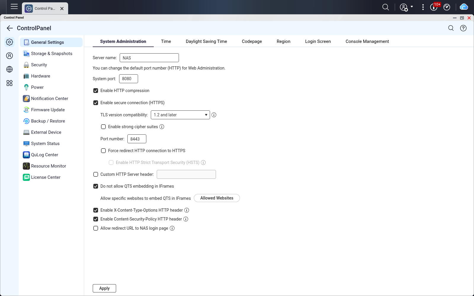 QTS administration HTTPS port changed to 8443