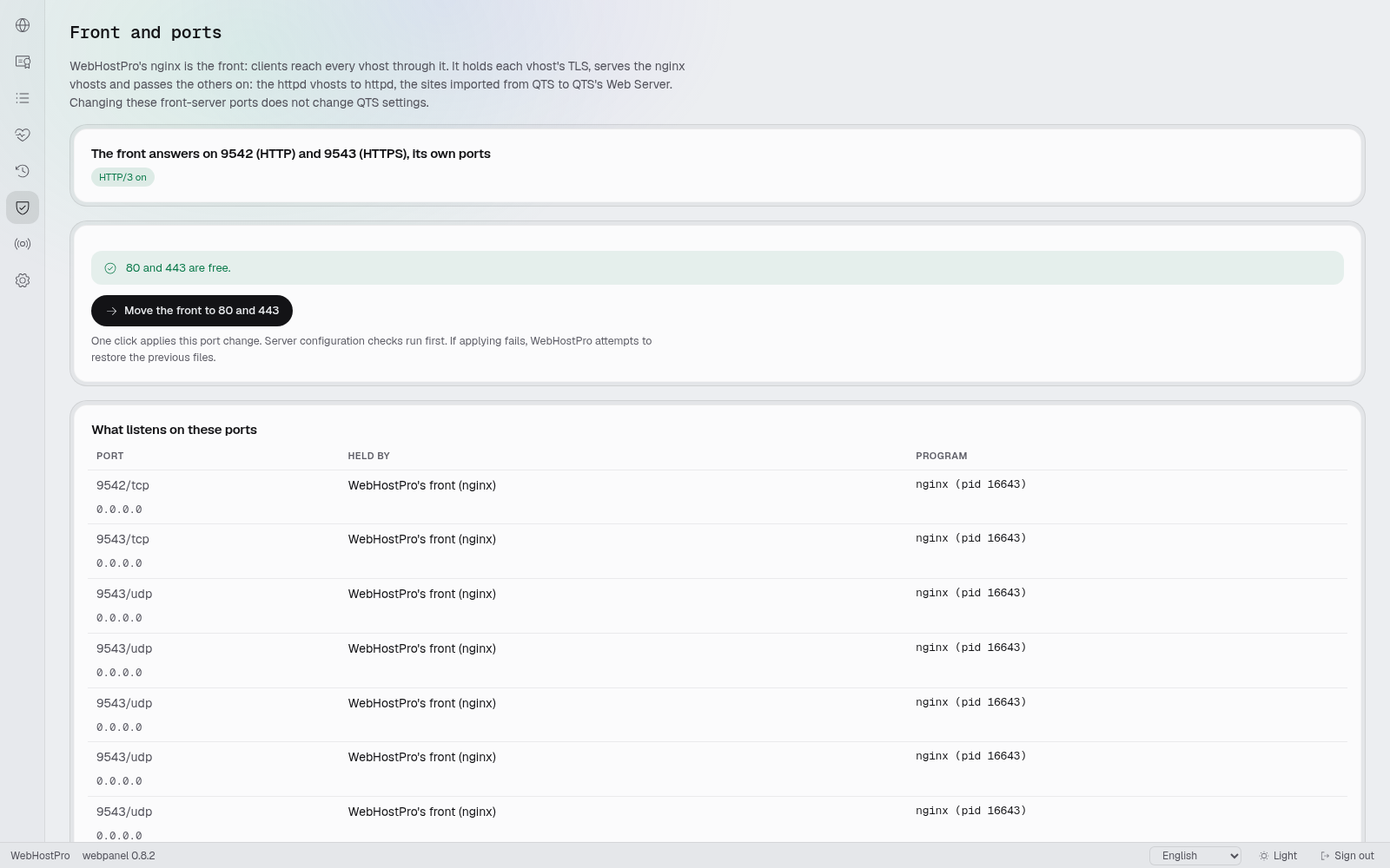 WebHostPro reporting that ports 80 and 443 are free