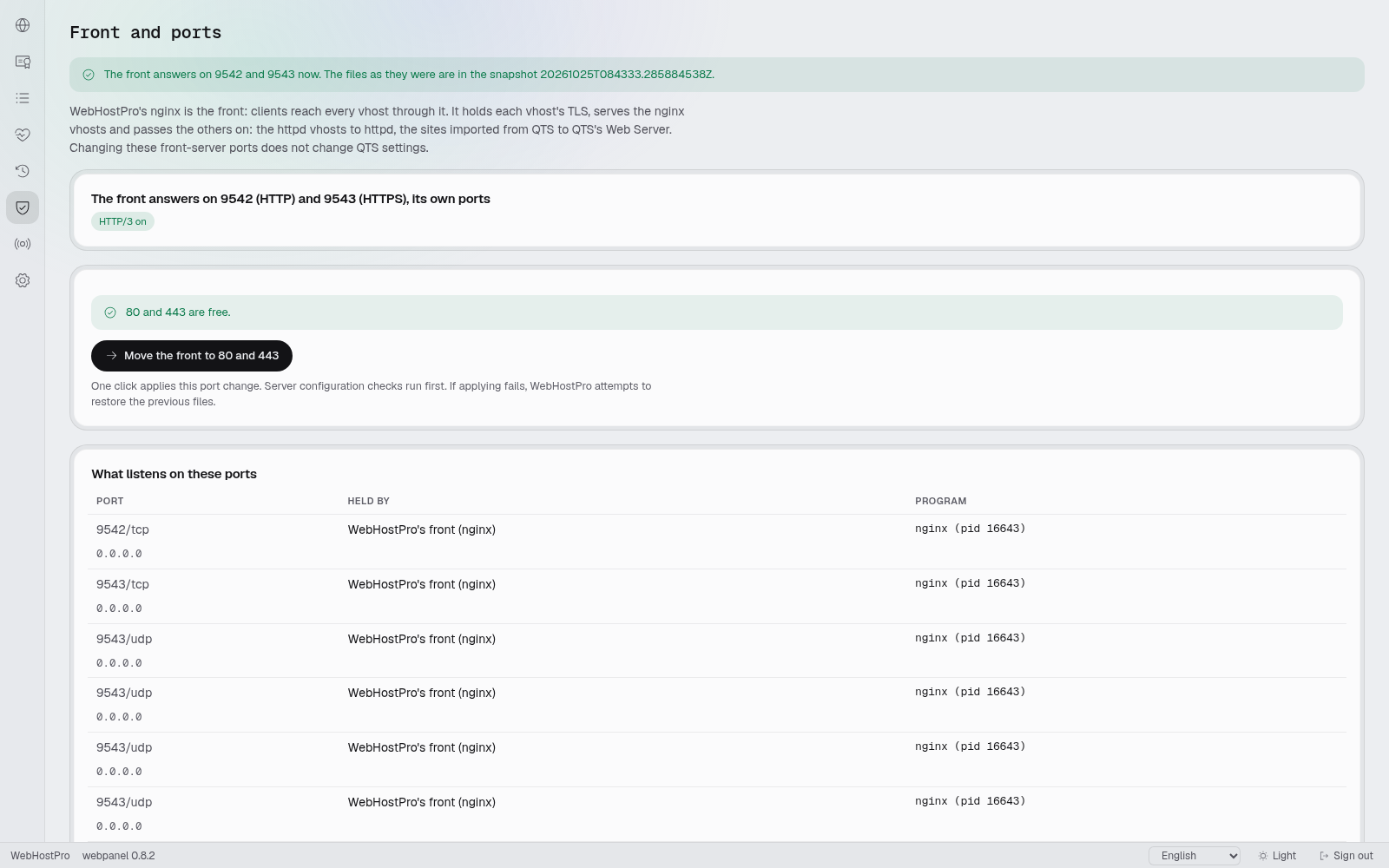 WebHostPro's front server back on ports 9542 and 9543