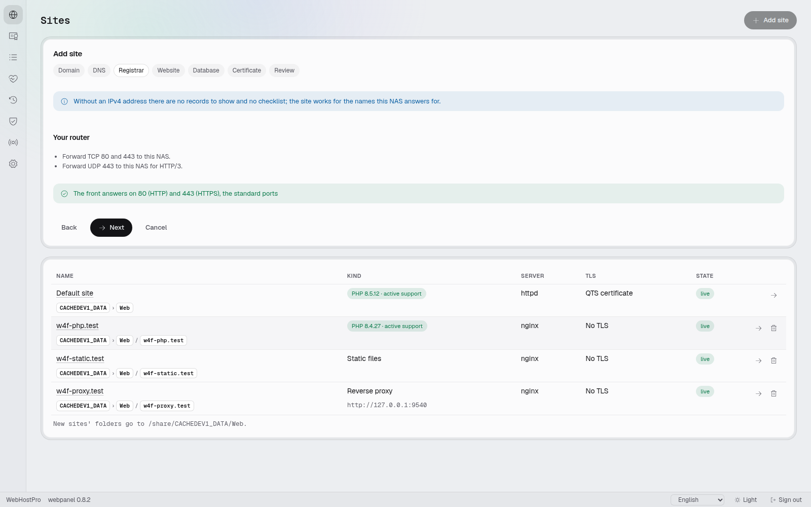 The Registrar step of the site wizard