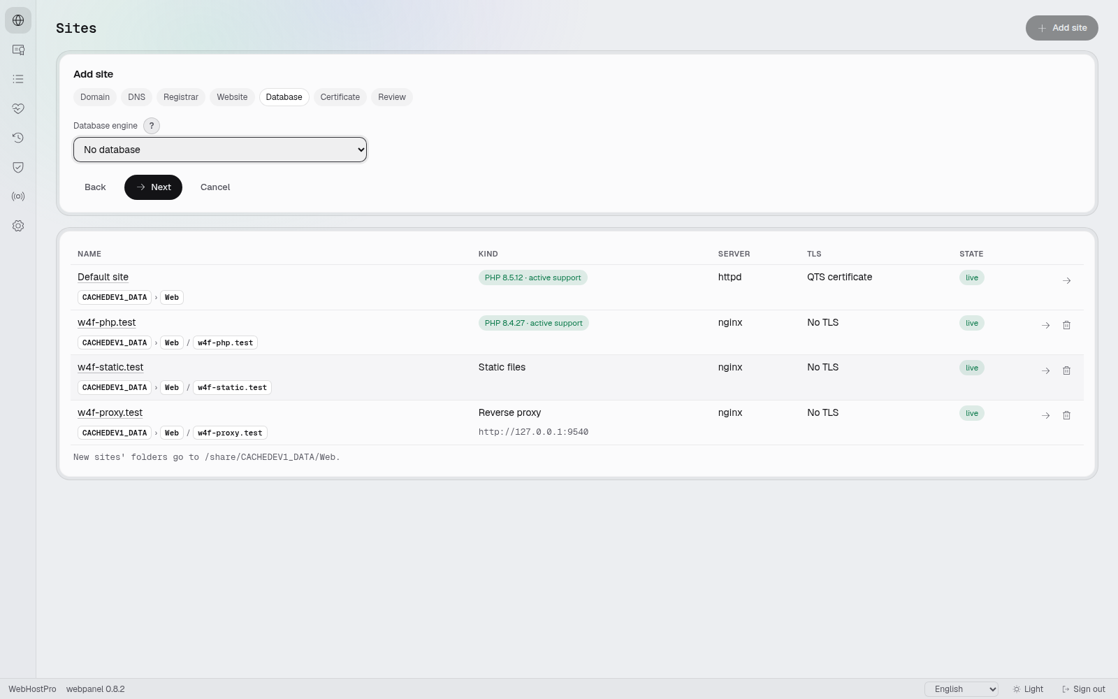 The Database step with No database selected