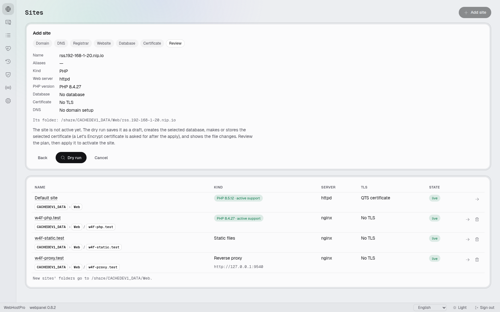 Review of the new site's settings